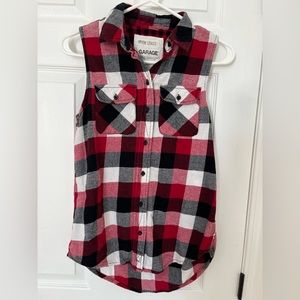 Garage Sleeveless Button Down plaid shirt.